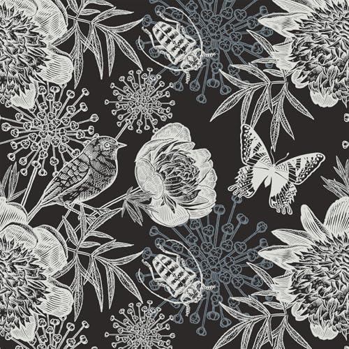 FLFK Peel and Stick Wallpaper Floral Birds Black Wallpaper 16" x 256" by FLFK