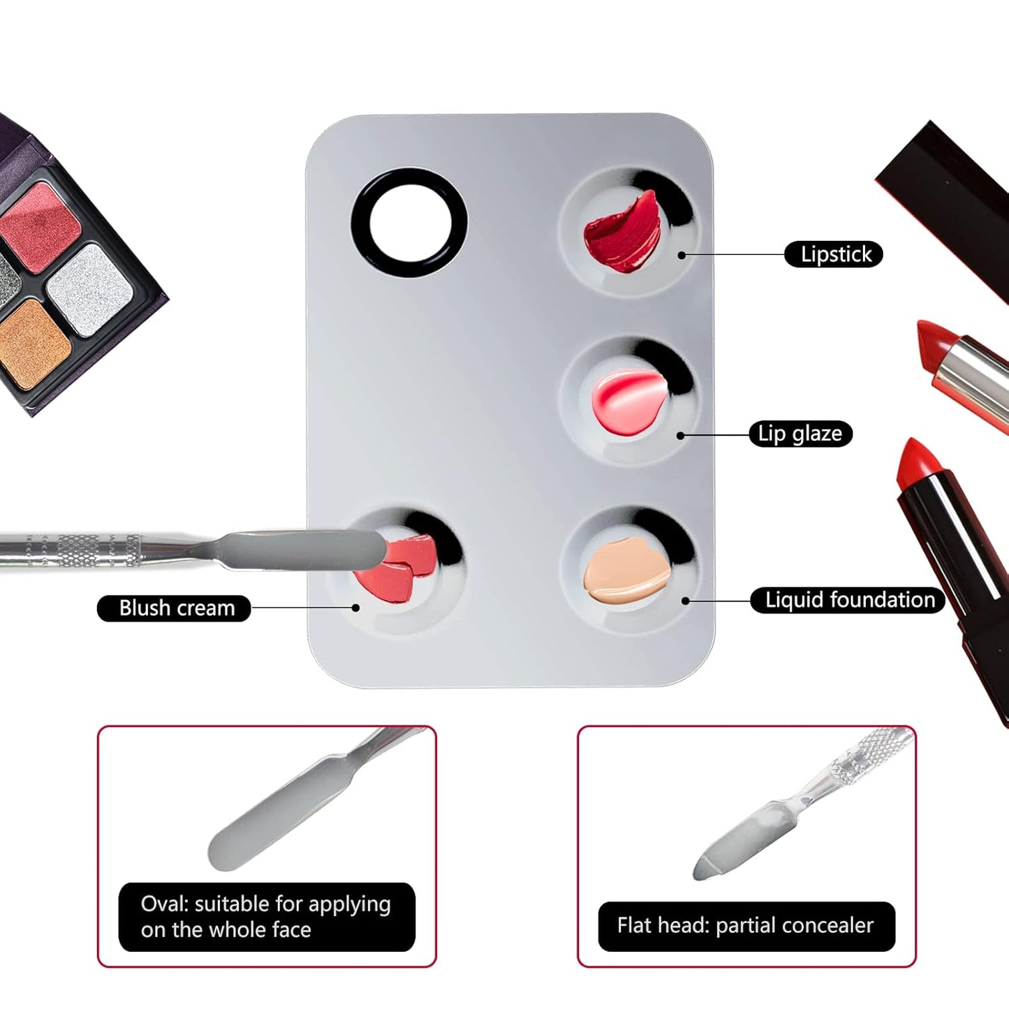 Makeup Mixing Palette, Upgrade Stainless Steel Metal Makeup Mixing Tray with Spatula Tool, Nail-art Palette for Mixing Foundation/Eye Shadow/lipstick/Nail Polish/Pigment (Rectangle)