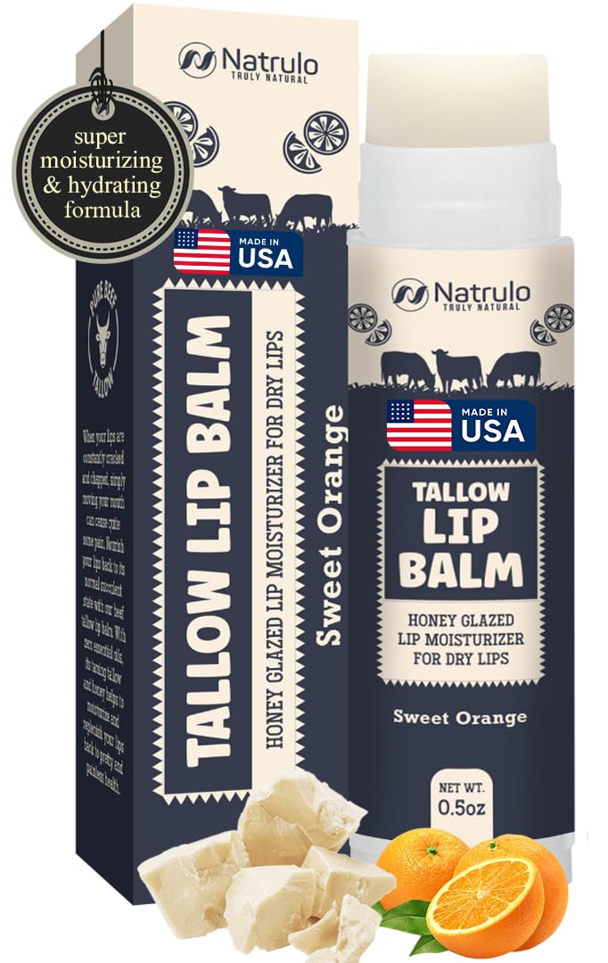 Beef Tallow Lip Balm – Natural Tallow Beeswax Chapstick – Hydrating Moisturizer Grass Fed Tallow Balm Lip Care – Soothes Chapped, Dry Lips, Sensitive Skin – Long Lasting Vitamin Rich USA-Made Orange