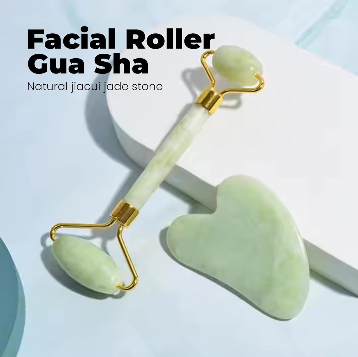 Gua Sha Facial Tools & Face Roller by ROSELYNBOUTIQUE Original Face Massager for Puffiness Wrinkless Skin Care Routine - Self Care Gift for Men Women (Jiacui Light Green)