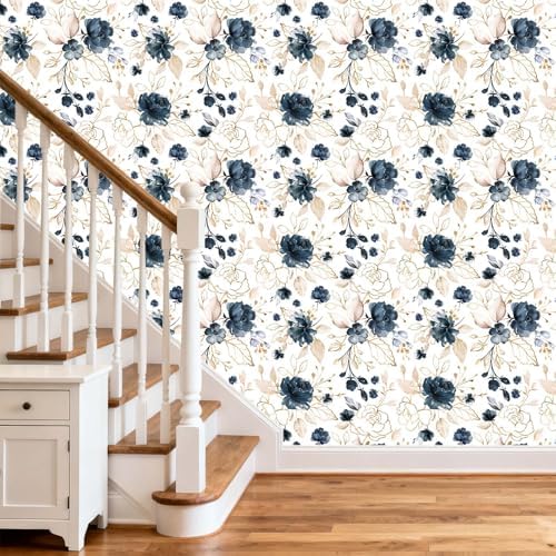 Navy Blue Floral Peel and Stick Wallpaper 17.7"x118" - Image 3