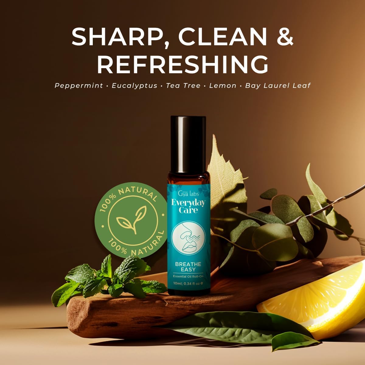 Gya Labs Breathe Essential Oil Roll on - 100% Pure Natural Cooling Peppermint, Eucalyptus & Tea Tree Blend, Aromatherapy Oil Roller, Travel Size (0.34 Fl Oz)