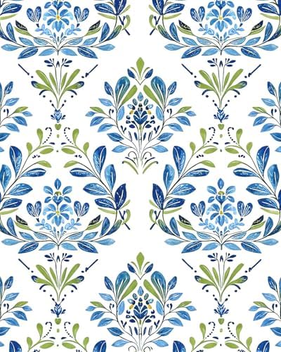 BOKEBEVE Boho Floral Peel and Stick Wallpaper Blue White 17.5 x 118In by BOKEBEVE