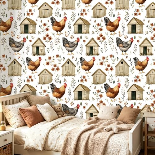 BOKEBEVE Farmhouse Wallpaper Peel and Stick Chicken Cottage 17.5 x 118In - Image 3