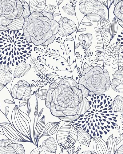 Wudnaye Navy Blue and White Floral Peel and Stick Wallpaper 16.9"×118" by Wudnaye