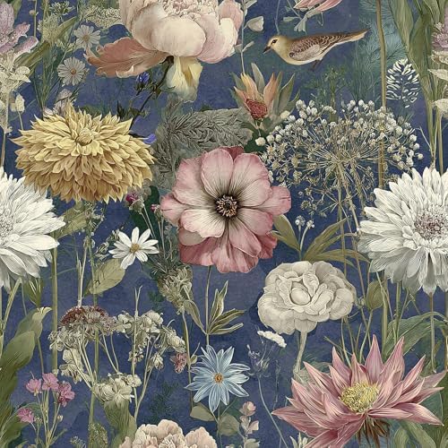 Jeweluck Vintage Floral Wallpaper Peel and Stick Dark Blue 16.9" x 196.8" by Jeweluck
