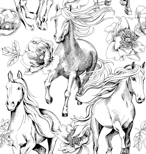 Black and White Peony Floral Horse Modern Peel and Stick Wallpaper Wall Decor by VistaPalette