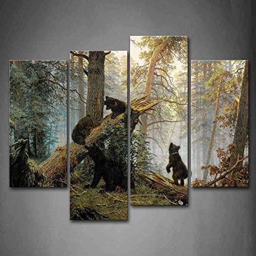 Black Bear Wall Art Bears Play in Forest Broken Tree Canvas Painting The by FirstWallArt