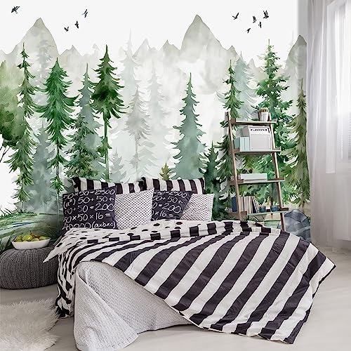 -Green Cartoon Pine Forest Nursery Fabric Wallpaper by YIHWM-PurchaseNow