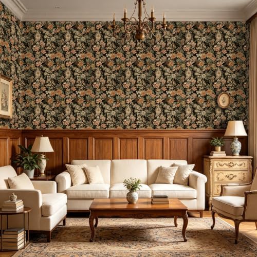 Dark Vintage Olive Floral Peel and Stick Wallpaper 17.5" x 118" - Image 3