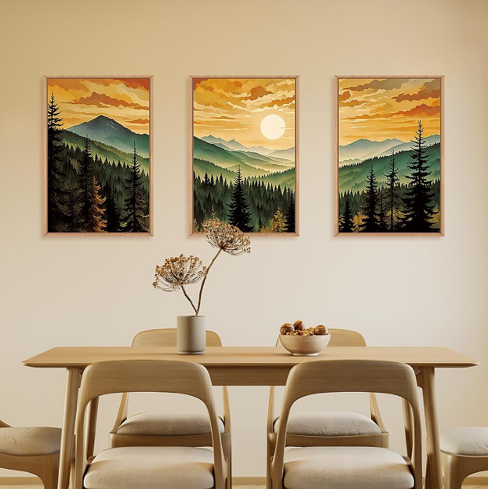 LHIUEM Large Boho Sunset Mountain Framed Canvas Wall Art, Retro Pine Tree Wall - Image 3