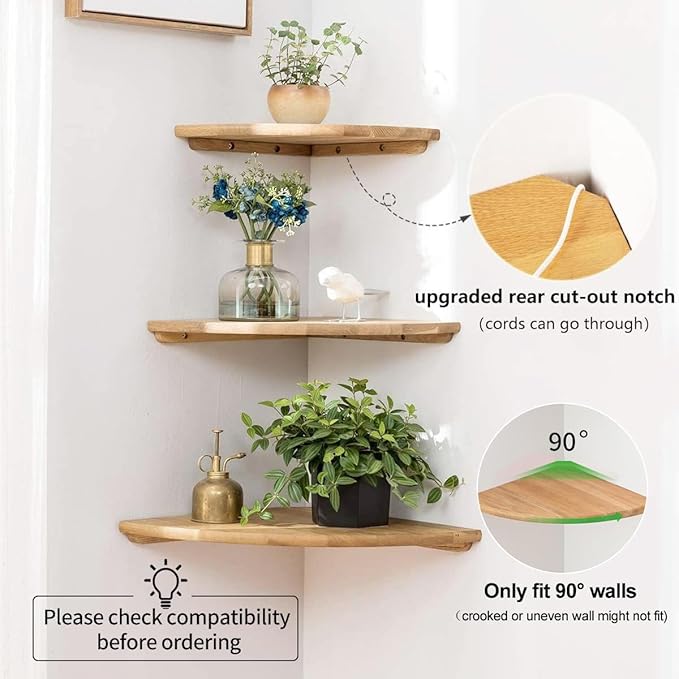 Corner Shelf, 12inch Solid Oak Wood Floating Corner Shelves Wall Mount Round - Image 4
