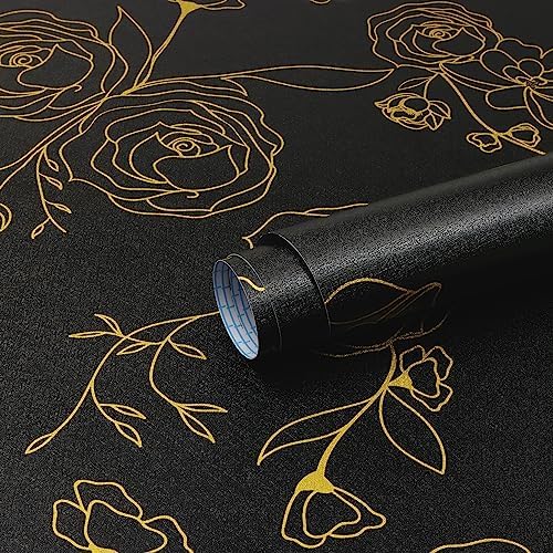 Safiyya 118"x17.3" Peel and Stick Wallpaper Black and Gold Contact Paper Floral by SAFIYYA