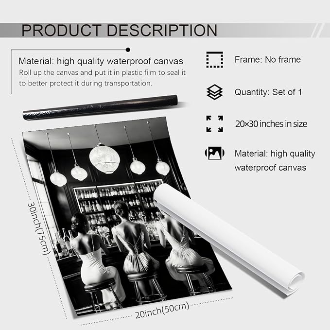 Vintage Black and White Canvas Wall Art Trendy Women Drink Cocktail Posters - Image 2