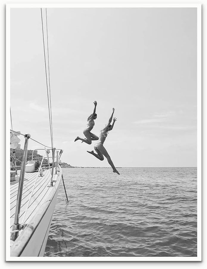 80s vintage wall art poster Black and White Poster Ocean Jump Sail Boat Yacht by Unknown