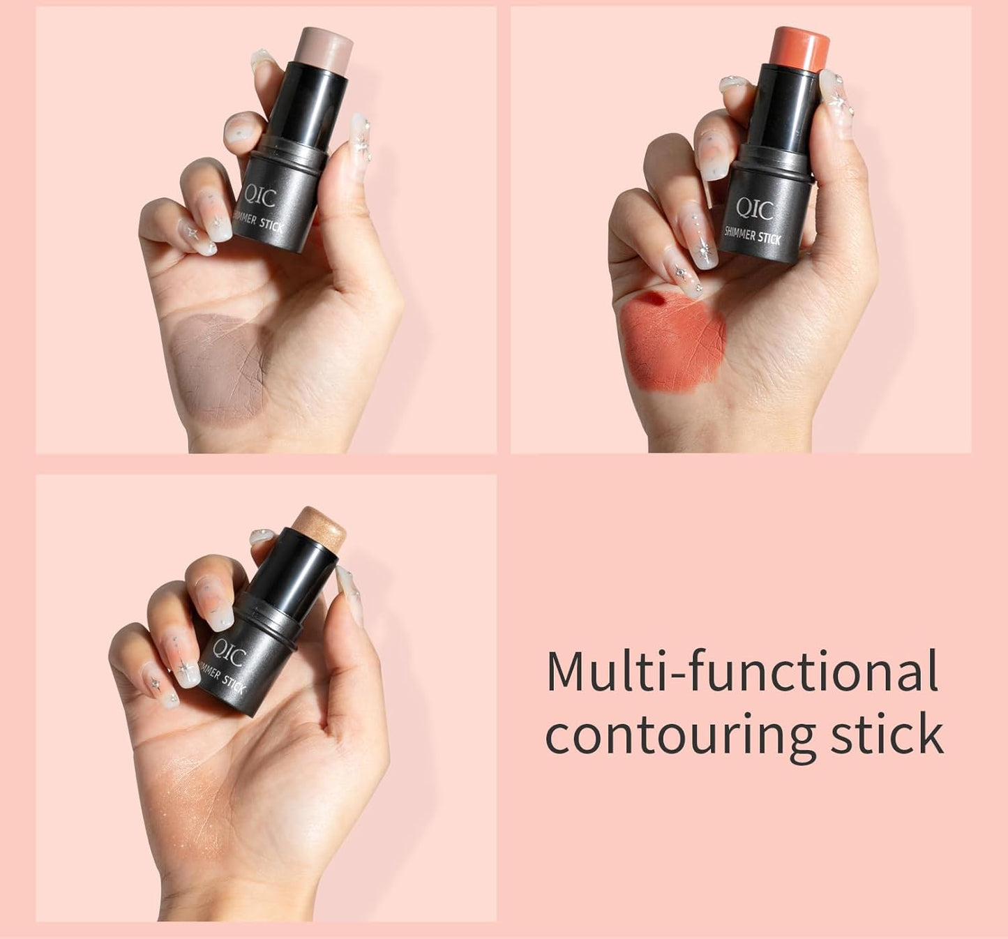3 Colors Multi-Function Stick Set 3D Face Highlight Shadow Blush Stick, Highlighter Stick, Shimmer Cream Powder, Lasting Glow Finish, Creamy Self Sharpening Crayon Highlighter (3 In1)