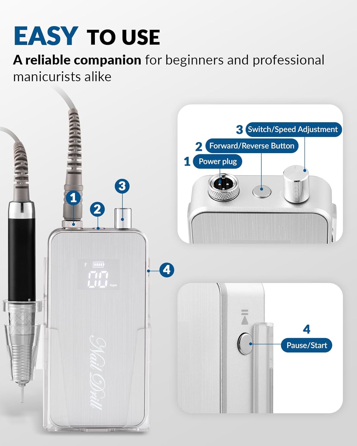 BAOSHISHAN Professional Electric Nail Drill Machine, Portable 35000RPM Rechargeable Cordless Efile With Case for Acrylic Gel, Home Salon, 11pcs Drill Bits