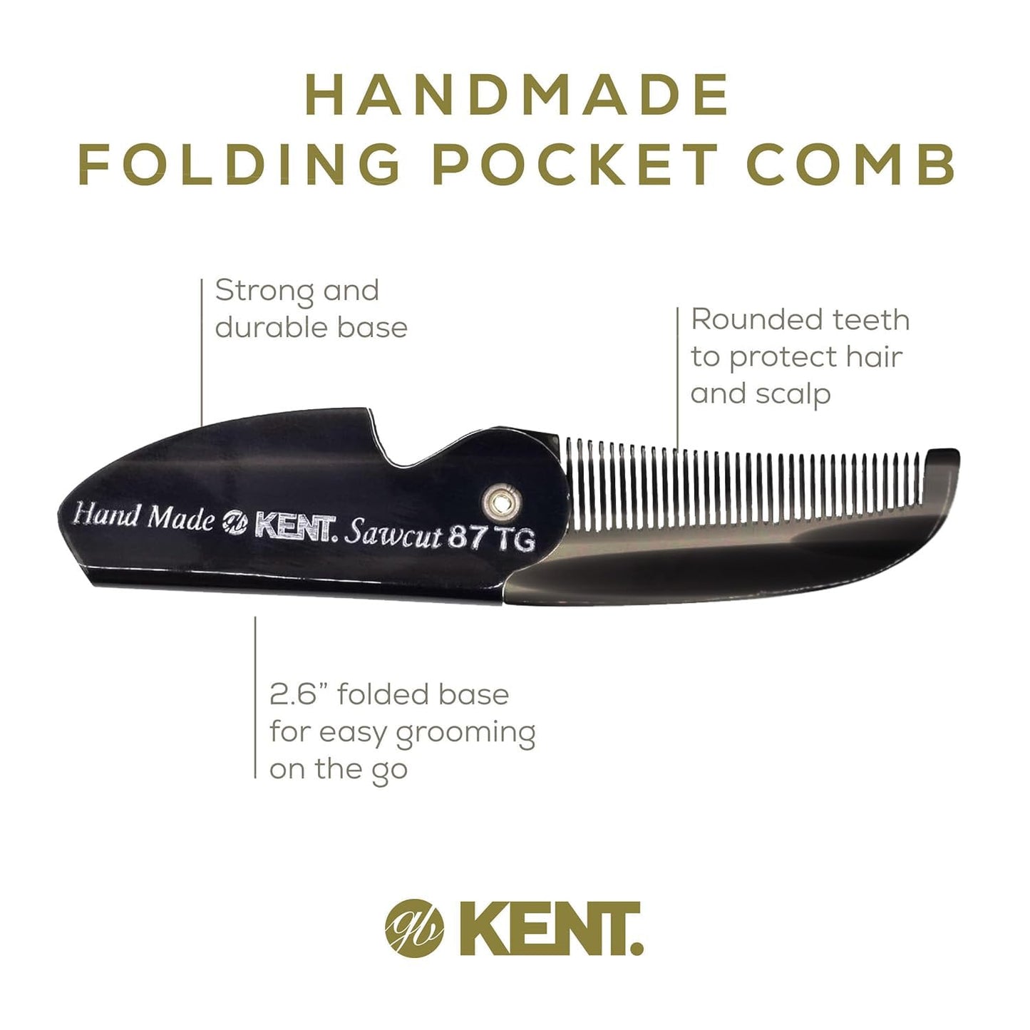 Kent 87T Black Graphite Handmade Folding Pocket Comb for Men, Fine Tooth Hair Comb Straightener for Everyday Grooming Styling Hair, Beard or Mustache, Saw Cut Hand Polished, Made in England (3 Pack)