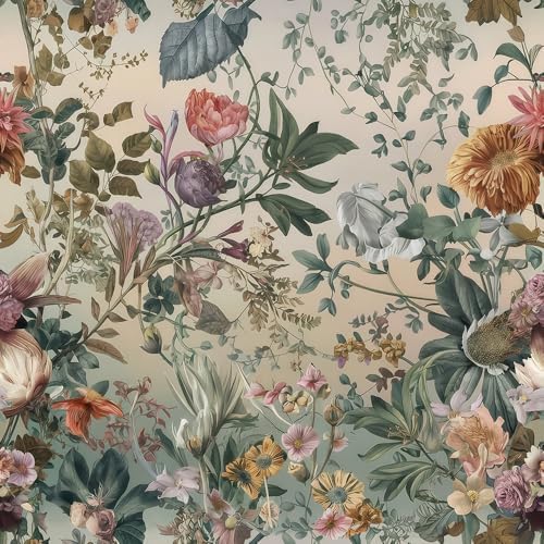 MuralPeel Vintage Grey Green Pink Red Wildflower Forest Jungle Plants Peel and by MuralPeel