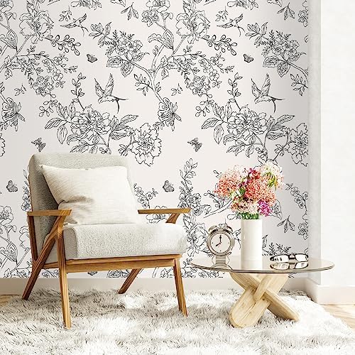 Froluya Black and White Floral Wallpaper Peel and Stick 17.7in×196.8in - Image 4