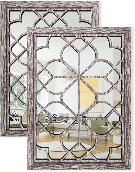 Set of 2 19x26 Inch Large Brown Shatterproof Rectangular Wall Mirrors, Boho by HMANGE