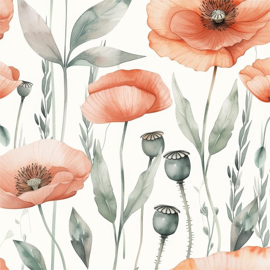 MuralPeel Watercolor Red Green Poppy Flowers Wildflower Peel and Stick by MuralPeel