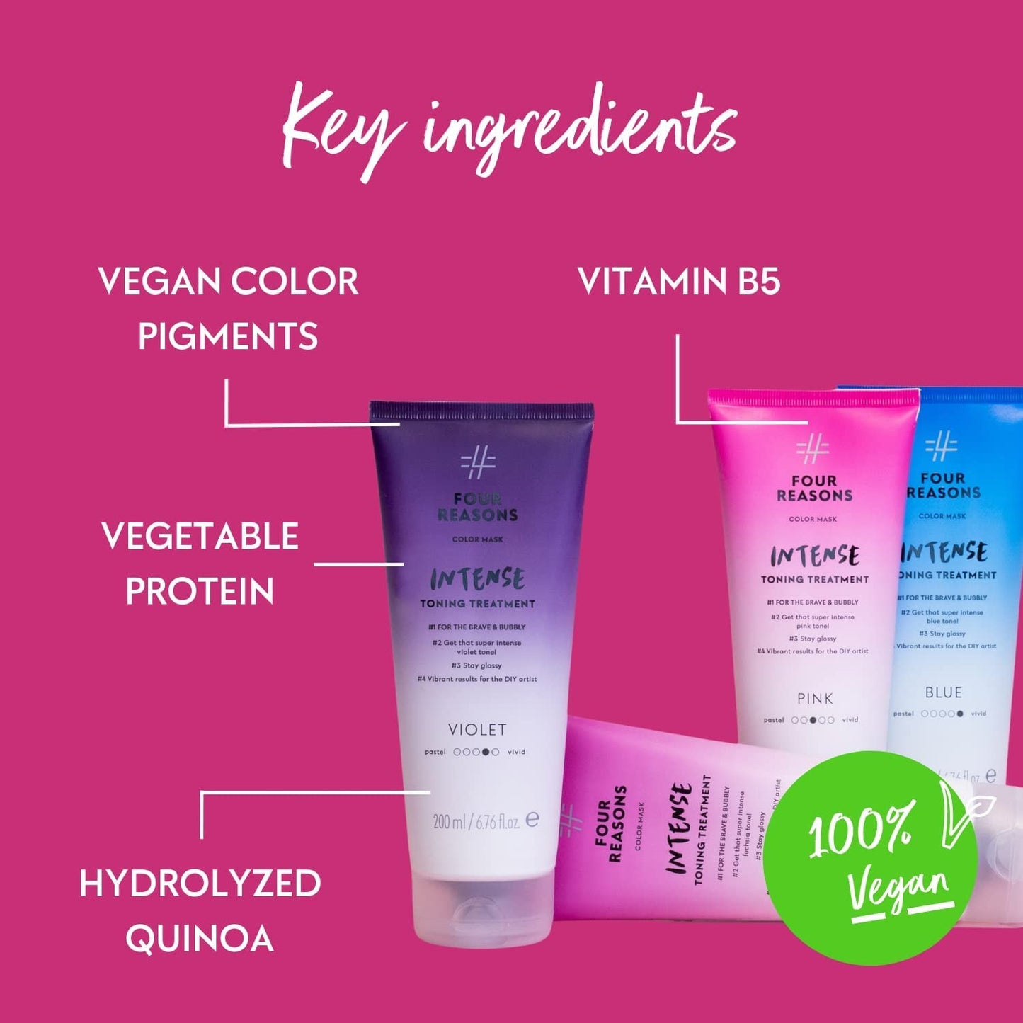 Four Reasons Color Mask INTENSE- Fuchsia – (27 Colors) Intensive Toning Treatment - Color Depositing Conditioner – Semi Permanent Hair Dye for Lightened and Colored Hair– 100% Vegan, 6.76 fl oz