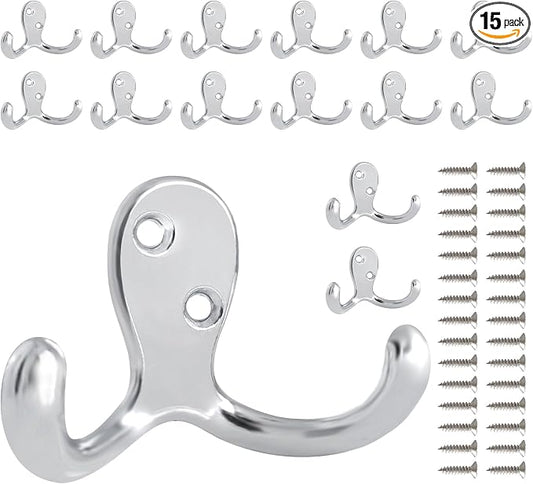15 Pack Coat Hooks Wall Hooks for Hanging, Heavy Duty Double Prong Metal Hook by CBWLWJ