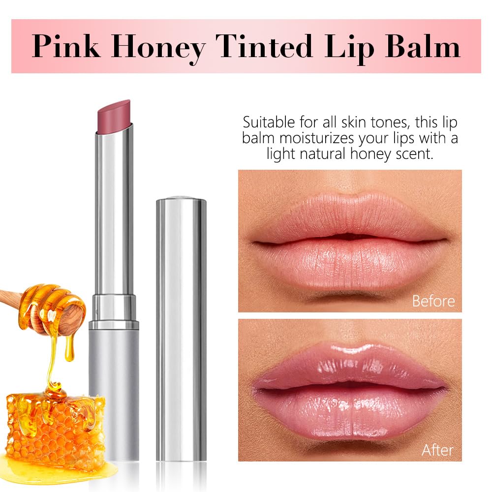 Honey Tinted Lip Balms Lip Stain, Sheer Hydrating Lip Skin Tint, Gloss Balm Moisturizing Lip Color for All Skin Tones, Nourishing Lip Balm with a Hint of Natural Black Cherry Tint (Pink)