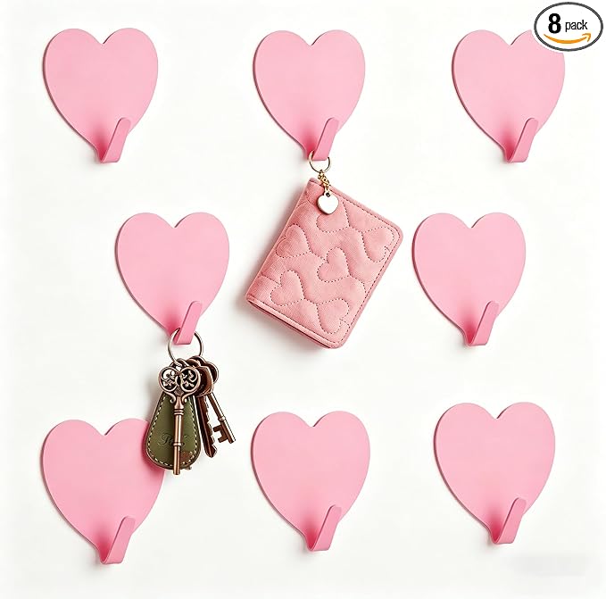 Heart Wall Hooks, 8 Pack, Small Pink Decorative Accessories, Purse Hanger by DueHoppee