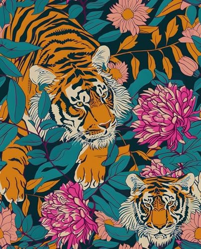 BOKEBEVE Tiger Floral Wallpaper Peel and Stick Vintage Orange 17.5 x 78.5In by BOKEBEVE