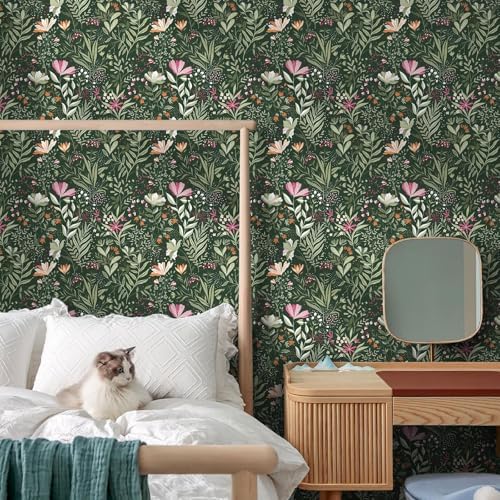 Fititem Green Floral Peel and Stick Wallpaper Boho Dark Vintage 17.3”×393” - Image 6