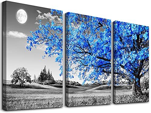 Wall Art For Living Room black and white Blue tree moon Canvas Wall Decor for by TTHYUEWS
