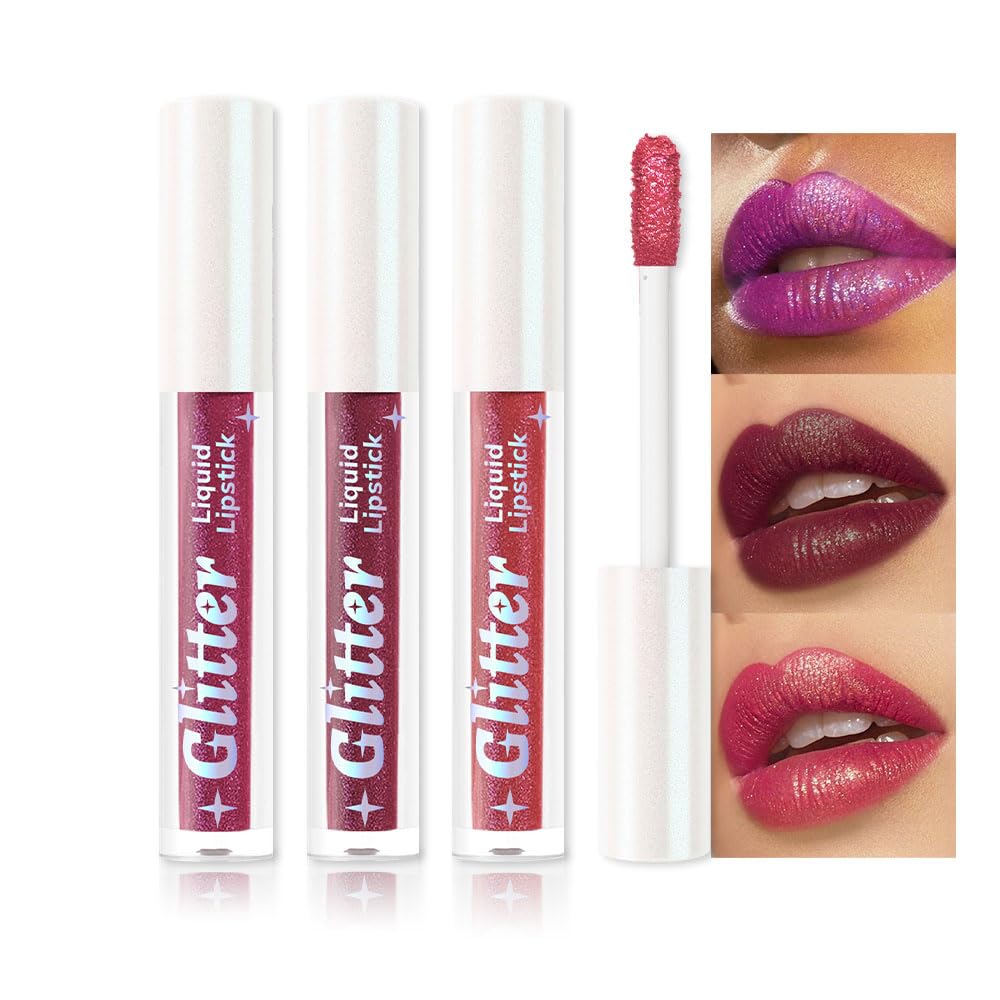 3Pcs Metallic Lipstick for Women,Lightweight Glitter Sparkling Liquid Lipsticks,Shimmer Lip Gloss Stain Long Lasting Waterproof Smudge Proof Non-Drying 24 Hour Full Coverage Lip Makeup,Vegan