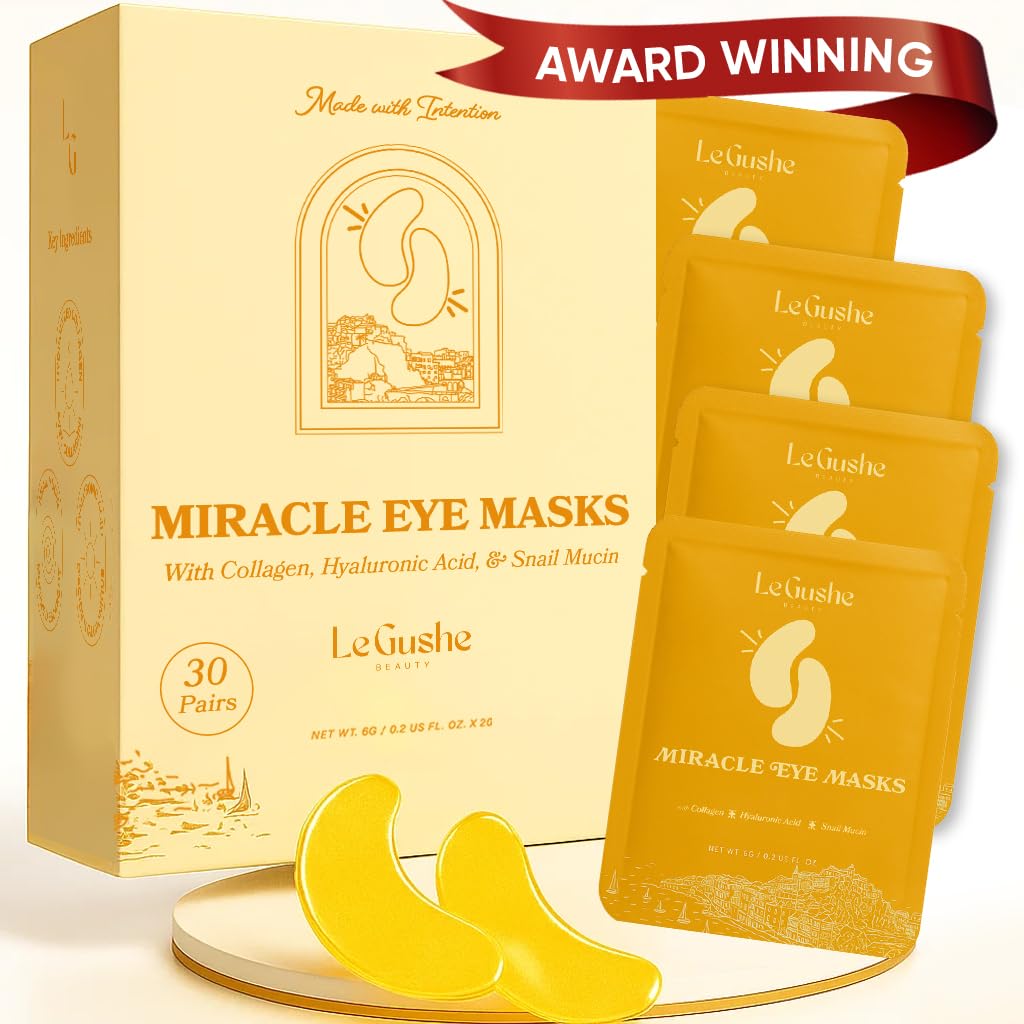 LE GUSHE Gold Under Eye Patches for Puffy Eyes and Dark Circles (30 Pairs) - Hydrating Collagen Under Eye Masks with Snail Mucin - Soothing Puffy Eyes Treatment for Women & Men - Bridesmaid Gifts