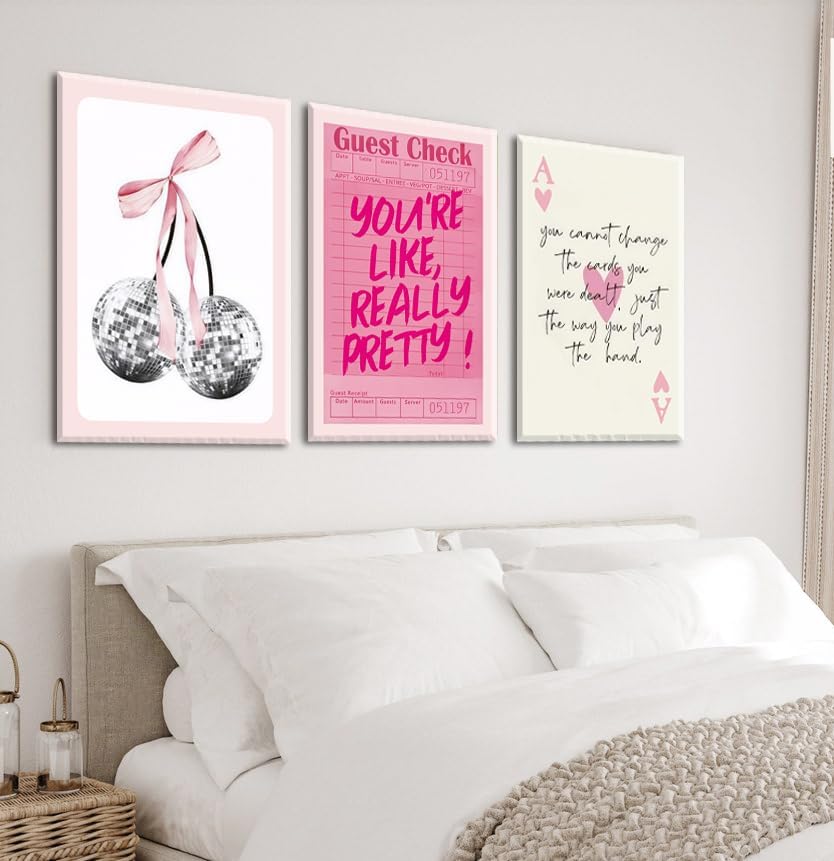 Pink Preppy Wall Art Framed Set of 3 Trendy Coquette Disco Cherry Posters Retro - Image 3