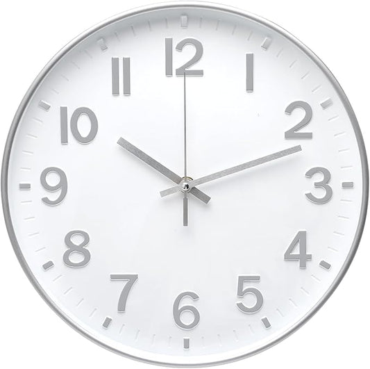 Wall Clock 12 In White-Silver Modern Simple Quartz Decorative Clock Non-Ticking by BAKBRAND