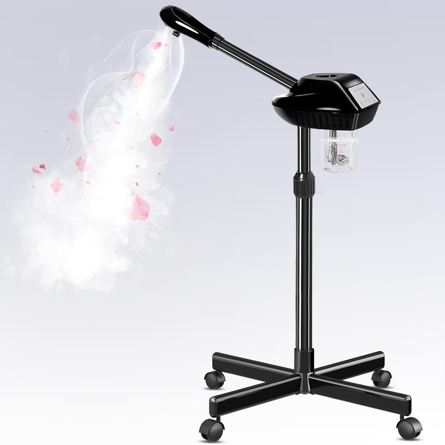 Professional Facial Steamer with More Steam for Deep Cleansing and Hydration, Face Steamer on Wheels with Time Setting, Estheticians Steamer Adjustable Height for Beauty, Spa and Home Use（Black）