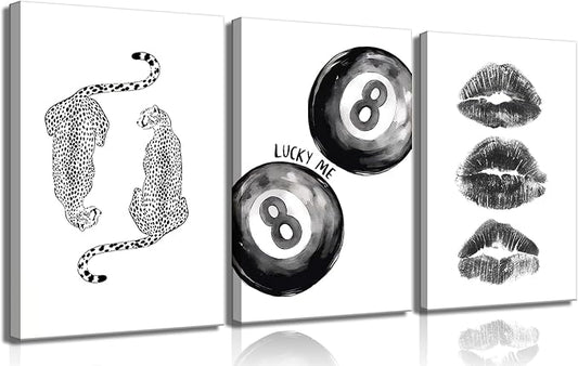 BOKPEN Trendy Black and White Leopard Canvas Wall Art, Funky Y2k Lucky 8 Ball by bokpen