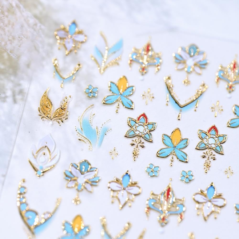 1 Sheet Flower Nail Stickers 5D Embossed Blue Gold Floral Nail Decals 3D Self-Adhesive New Chinese Style Nail Supplies Aurora Lotus Flower Nails Designs for Women Girls DIY Manicure
