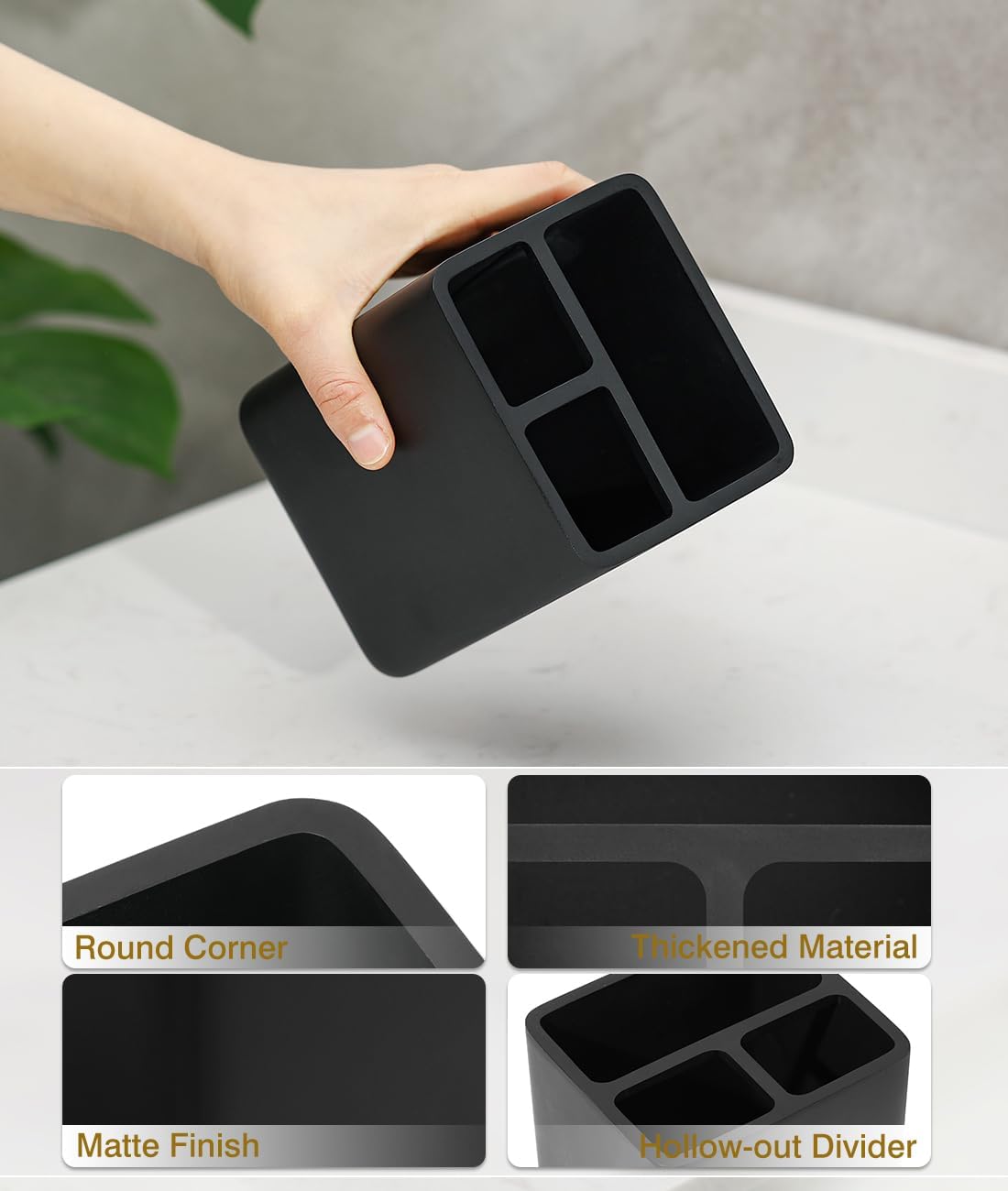 Luxspire Toothbrush Holders, 3 Slots Toothpaste & Toothbrush Holder for Bathroom, Resin Toothbrush Stand, Electric Toothbrush Holder with Drain Hole, Bathroom Organizer Countertop, Matte Black