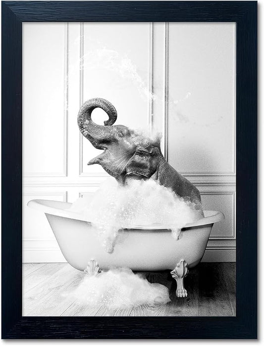 Framed Bathroom Art Wall Decor Elephant in Bathtub Decor Funny Black and White by Melpa+Art