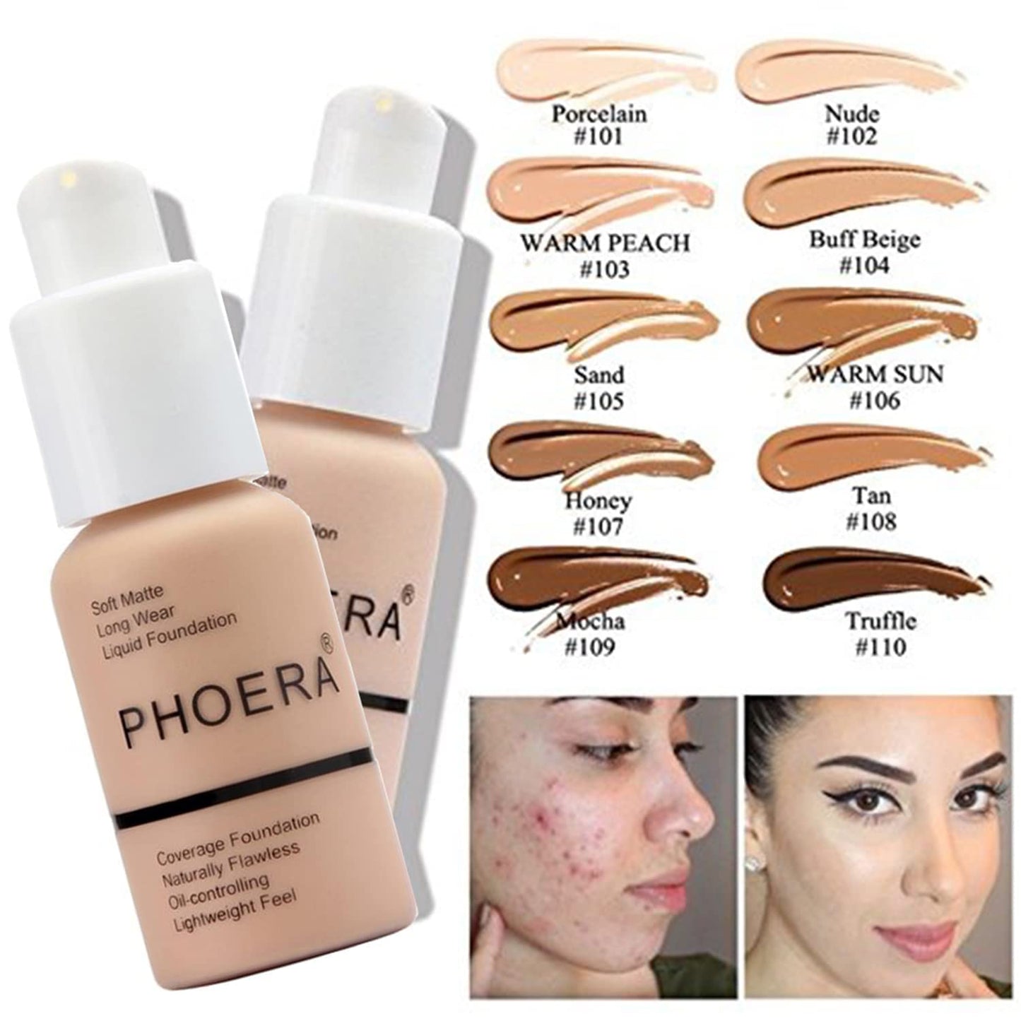 PHOERA Foundation, PHOERA Matte Liquid Foundation,PHOERA Makeup for Women, PHOERA Foundation Full Coverage Concealer, 30ml 24HR Matte Oil Control Concealer (104+105/Buff Beige+ Sand)