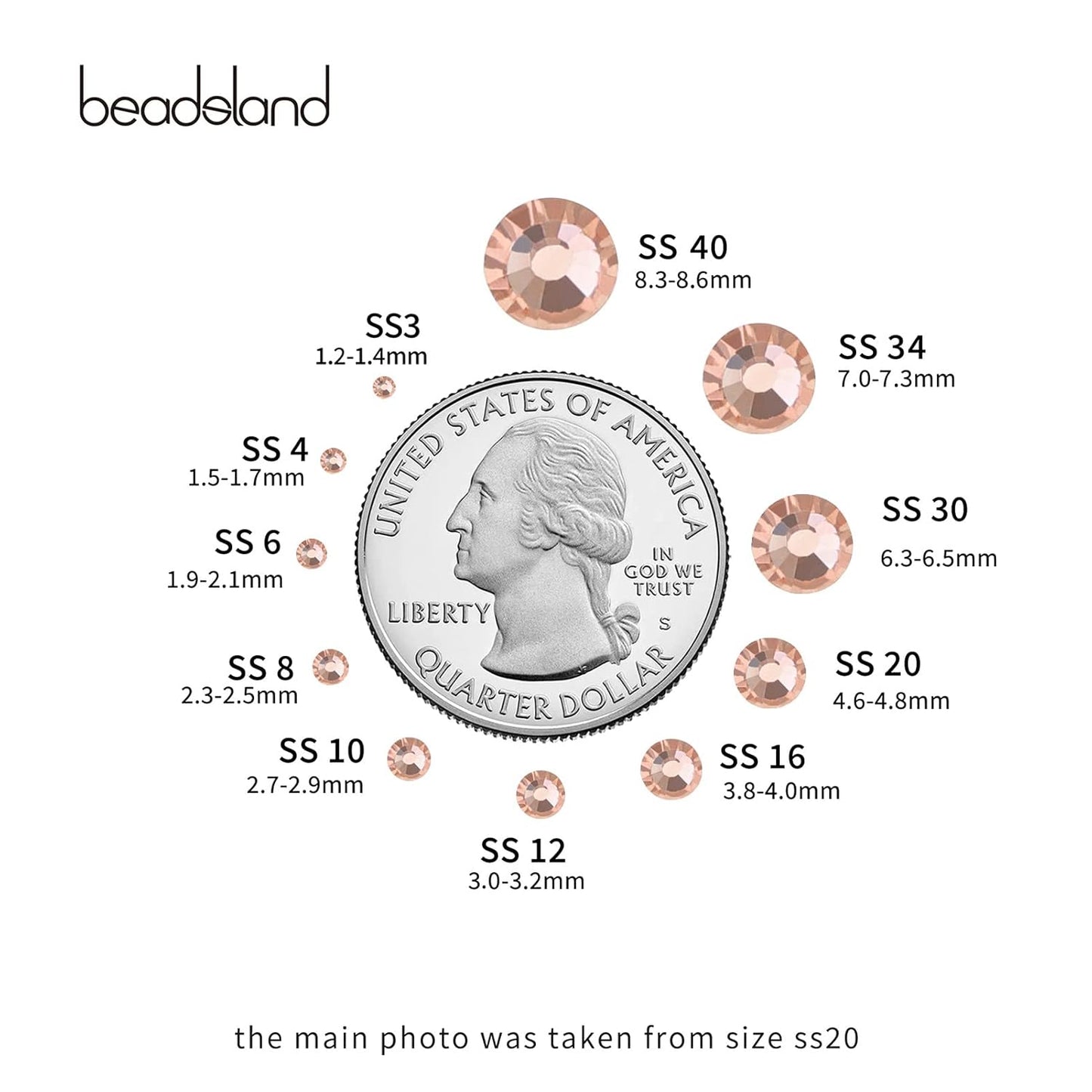 Beadsland 288pcs Flat Back Crystal Rhinestones Round Gems for Nail Art and Craft Glue Fix,Champagne,SS34,7.1-7.3mm