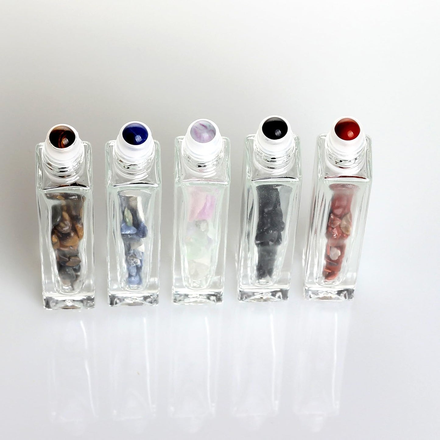 10ml Gemstone Roller Square Bottles Refillable Roll On Bottles Healing Crystal Chips Inside For Perfumes Aromatherapy Oils 5pack