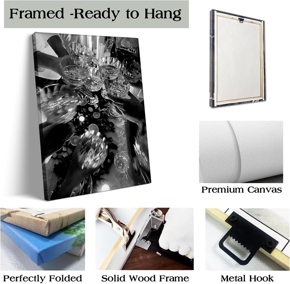 Black and White Wall Art Champagne Poster Vintage Bar Print Canvas Cocktail - Image 2