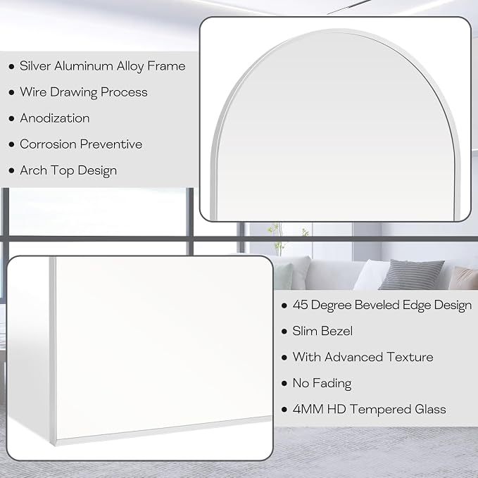 24" x 36" Silver Arched Mirror, Modern Aluminum Alloy Metal Frame, Arch - Image 4