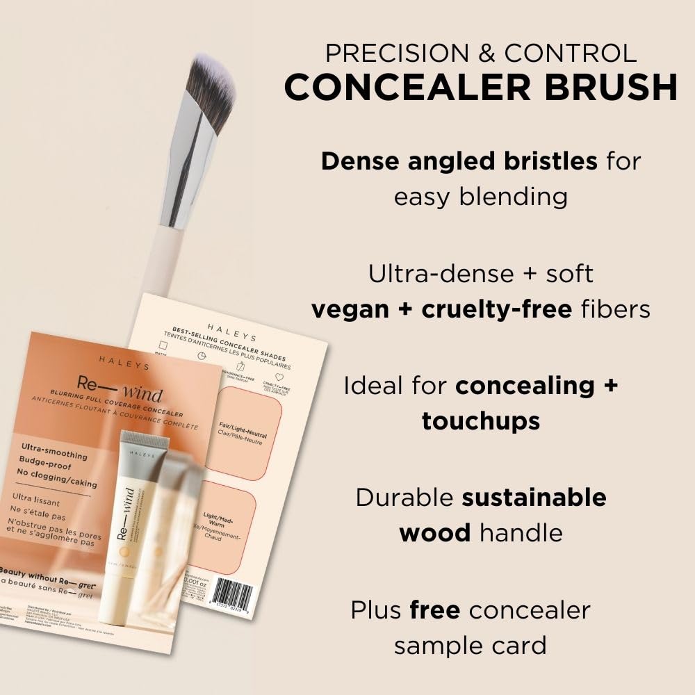 HALEYS Concealer Brush VEGAN+CRUELTY-FREE, Sustainable Wood, Vegan Bristles for Airbrushed Finish, For Creams,Liquids, Powder, Streak-free, Perfect Blending, Buffs, Smooths with Control, Special shape