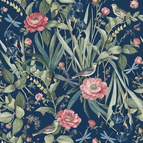 Navy Bird and Floral Peel and Stick Wallpaper Vintage 17in x 118in by lenify