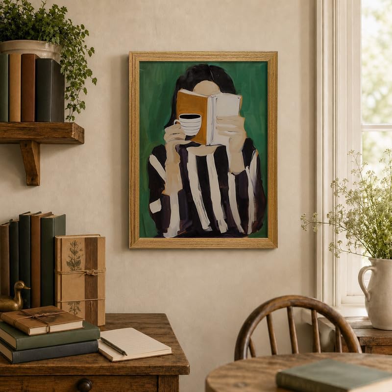 Framed Coffee Pictures Wall Art Woman Reading Book Wall Decor 12x16in - Image 4